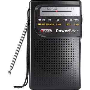 PowerBear Portable Radio | AM/FM, 2AA Battery Operated with Long Range Reception for Indoor, Outdoor & Emergency Use | Radio with Speaker & Headphone Jack (Black)