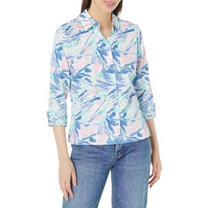 Foxcroft Women's Lucie 3/4 Sleeve Tropical Paint Strokes Shirt (6, Navy Multi)
