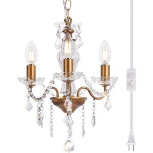 Plug in Chandelier with Glass Crystals, 3-Light Vintage Gold Miniature Crystal Chandelier, Modern Pendant Light for Small Spaces, Bedroom Kitchen Island Entryway Covered Patio, E12 Base