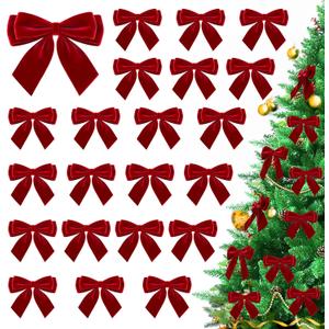 24Pcs Velvet Bows for Christmas Tree, Small Red Bows Christmas Decorations with Twist Tie, Bulk Red Velvet Ornaments for Wreath Garland Gift Wrapping Wedding Champagne Parties Decor, 3.5*3.5 in