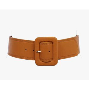 Women's 2 1/4" Wide High Waist Rectangular Stitch-edged Leather Belt, Tan | XS/S-28"