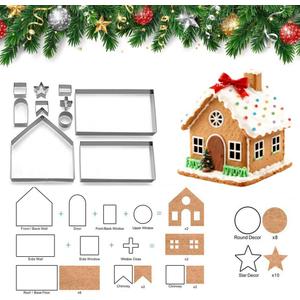 Gingerbread House Cookie Cutters Shapes Set, Large 3D Gingerbread House Kit for Kids, 10Pcs Stainless Steel Biscuit Molds for Christmas Winter Holiday Baking and Decoration, Gift Package