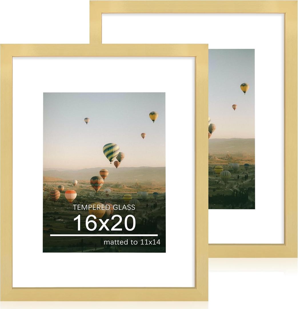 16x20 Poster Frame Set of 2, 16 x 20 Wood Picture Frames with Mat for 11x14, Wooden Photo Frame with Tempered Glass Cover for Wall Mounting Display, Gold