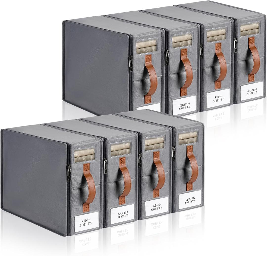 8pack Bed Sheet Organizer, Foldable Linen Closet Organizers and Storage with Sealed Design, Queen & King Size Sheet Storage with Window, Closet Organizer for Bedsheets/Blankets/Clothes, Grey