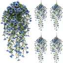 EROCK Artificial Flowers for Outdoors, 4PCS Fake Silk Hanging Flowers for Decoration UV & Fading Resistant, Realistic Faux Plants & Flowers for Porch Patio Balcony Window Box Home Decor (Blue)