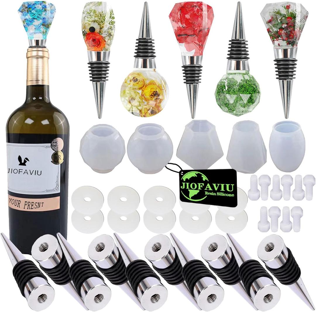 15 Pcs Resin Wine Bottle Stoppers Molds Set, Wine Stopper Silicone Molds for Epoxy Resin (5 Molds and 10 Stoppers with 10 Screws)