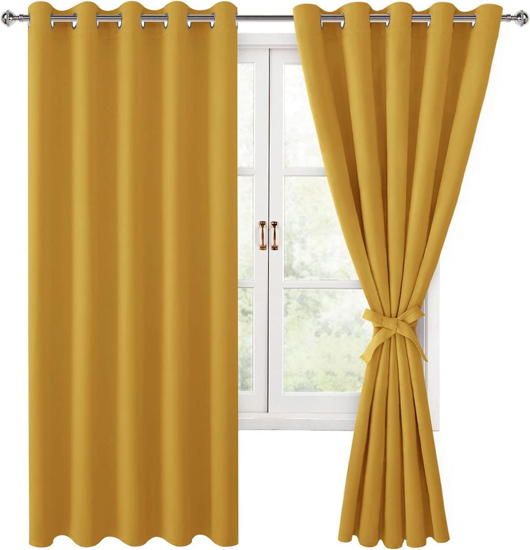 Hiasan Blackout Curtains for Bedroom, 60 x 63 Inches Length - Thermal Insulated & Light Blocking Window Curtains for Living Room, 2 Drape Panels Sewn with Tiebacks, Mustard Yellow