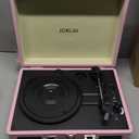 Jorlai Vinyl Record Player 3 Speed Turntable with Bluetooth, Built in Battery, Portable Suitcase, Built in Speakers, 3.5mm Headphone Jack Aux in/RCA Out Pink for Home Decoration Gift