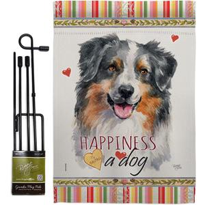 Breeze Decor Australian Shepherd Happiness Garden Flag-Set with Stand Dog Puppy Spoiled Paw Canine Fur Pet Nature Farm Animal Creature House Banner Small Yard Gift Double-Sided, Made in USA