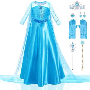 WOXVM Girls Princess Dress Luxury Princess Costume Christmas Birthday Party Snow Princess Dress Up for Girls Halloween Cosplay Fancy Dress with Shining Long Cape (4-5 Years, Blue)