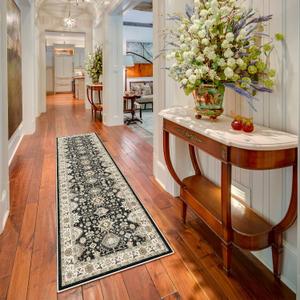 Washable Runner Rug 2x7 Hallway Runner Rug Non Slip Runner Rugs with Rubber Backing Soft Kitchen Farmhouse Distressed Carpet for Living Room Bedroom Bathroom (Black)