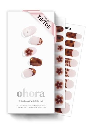Ohora Semi Cured Gel Nail Strips (N Tiki Tortoise) - Works with Any Lamps, Salon-Quality, Long Lasting, Easy to Apply & Remove - Includes 2 Prep Pads, Nail File & Wooden Stick