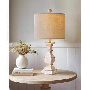 PoKat 20.5" Farmhouse Table Lamp, Vintage Bedside Lamps for Bedroom, Rustic Small End Table Lamps for Living Room, Traditional Nightstand Desk Lamps Distressed Washed White, Suitable for Small Place (11 Set - Antique Beige)