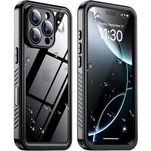 2025 New Designed for iPhone 16 Pro Case Waterproof, [Built-in Screen Protector & Glass Camera Protector][Full Body Shockproof][IP68 Underwater][Dustproof][Dropproof] Phone Case for iPhone 16 Pro 6.3" (Black/Clear)