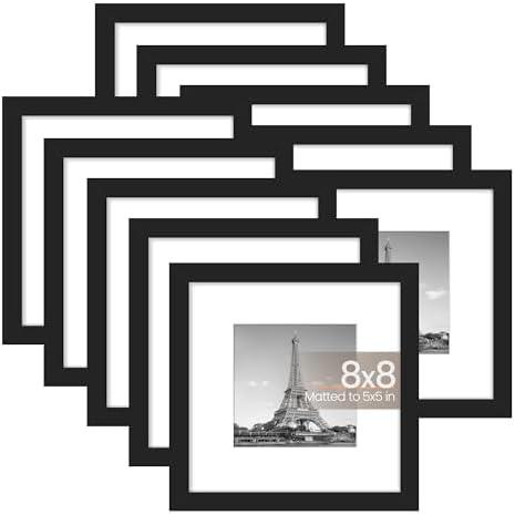 upsimples 8x8 Picture Frame Set of 8, Display Pictures 5x5 with Mat or 8x10 Without, Multi Photo Frames Collage for Wall or Tabletop Display, Black