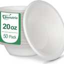 20oz Disposable Heavy Duty Paper Bowls - 50 Pack Compostable Biodegradable White Bagasse Bowls for Hot & Cold Food