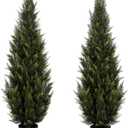 4FT Artificial Cedar Topiary Trees (2 Pack) - UV Resistant Faux Evergreen Shrubs Extra Dense Foliage Realistic Fake Pine Cypress Plants Easy Assembly for Front Porch Garden Indoor Office Decor
