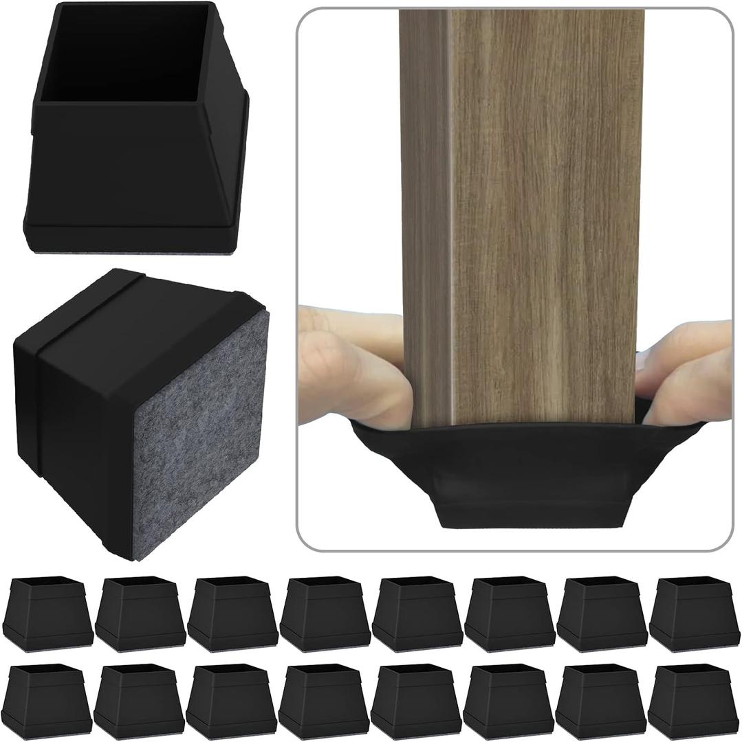 16 Pcs Square Chair Leg Protectors for Hardwood Floors, Silicone Felt Furniture Pads Non Slip,Free Moving Table Leg Covers,Chair Protectors for Wooden Floors. Black (Large)