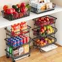 3 Tier Rolling Pantry Floor Organizers and Storage Cart with Wheels, Stackable Wire Fruit Basket Stand for Kitchen Organization, Three Tiered Pantry Storage Rack for Snack, Vegetable, Produce, Fruits, 1 Count