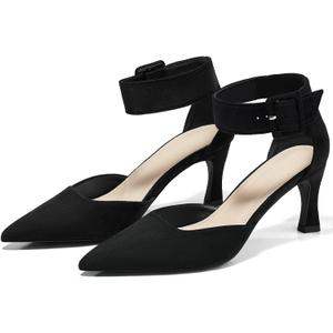 Coutgo Womens Kitten Low Heels Closed Pointed Toe Ankle Buckle Strap Pumps Suede Dress Wedding Shoes, Size 9