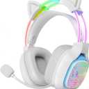 Gaming Headset with Microphone, RGB Lights, Detachable Cat Ear, Lightweight Over-Ear Headphones with Adjustable Headband for PC, PS4, PS5, Mac, Switch, Surround Sound, in-Line Control, White