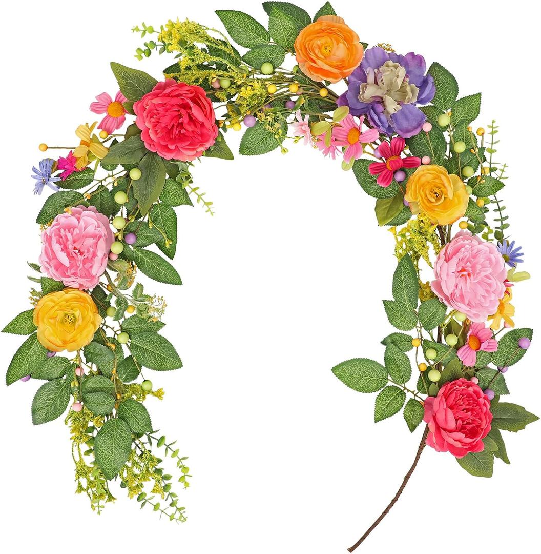 Briful Floral Peonies Garland for Mantle Door Decor, 5.17ft Spring Flowers Faux Garlands for Wedding Centerpiece Table Decorations (Red)