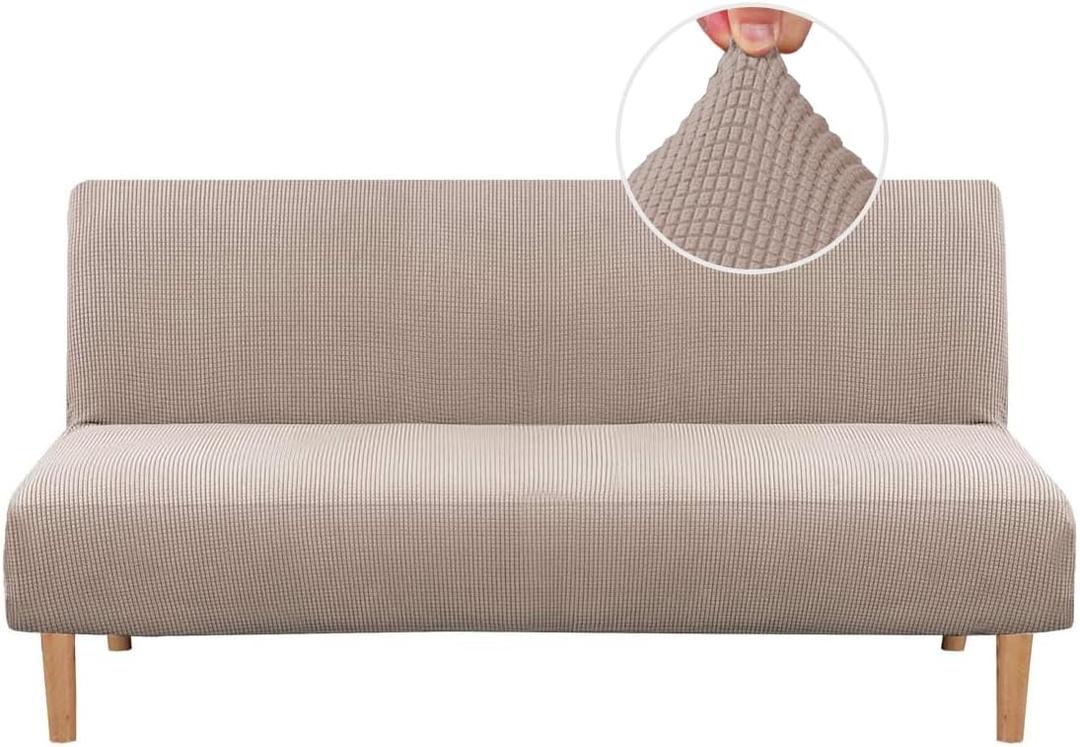 H.VERSAILTEX Armless Futon Cover Stretch Sofa Bed Slipcover Protector Elastic Feature Rich Textured High Spandex Small Checks Jacquard Fabric Futon Cover, Machine Washable, Sand (Sand)