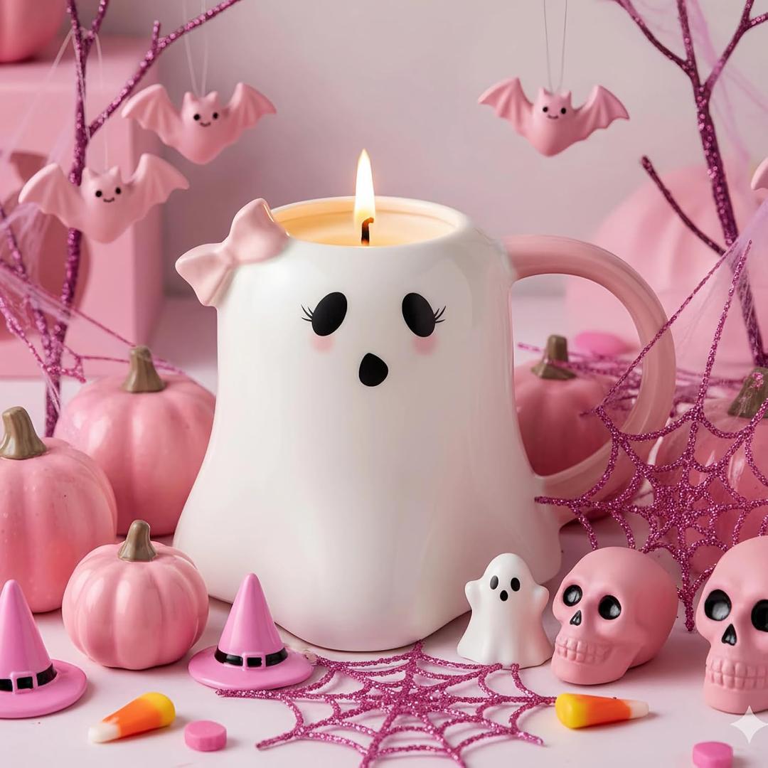 Kederwa Pink Boo Basket Stuffers for Women, Halloween Gifts for Teen Girls with 14Oz Boo Scented Candle with Pumpkin Spice Scent Up to 60 Hours Halloween Decorations Indoor