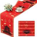 Fanfanwin 4 Pcs Hibachi Party Decorations Hibachi Table Runners 13 x 72 Inch, Faux Linen Table Covers, Asian Pagoda Lantern Print Red Tablecloth for Chinese Japanese Themed Birthday Party Supplies