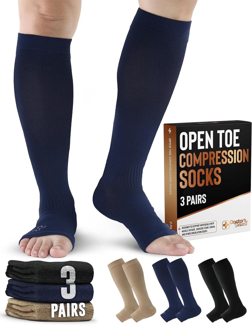 Doctor's Select 3 Pairs Copper Toeless Compression Socks Women & Men - 20-30 mmHg Open Toe Compression Socks Knee High Women (Medium, Black/Tan/Navy - 3 Pairs)