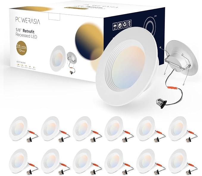 POWERASIA 12 Pack 5/6 Inch LED Can Lights Retrofit Recessed Lighting, 5CCT 6 Selectable 2700K-6000K Dimmable, 12W=75W, 1200LM Downlight with Metal Smooth Trim-ETL and Energy Star Certified