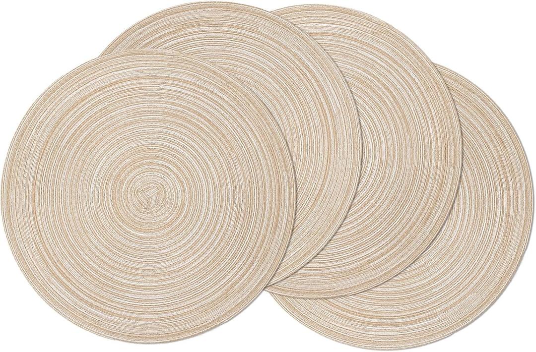SHACOS Round Braided Placemats Set of 4 Round Table Mats for Dining Tables 15 inch Non Slip Washable Kitchen Table Place Mats Natural Farmhouse Decor (Beige, 4)