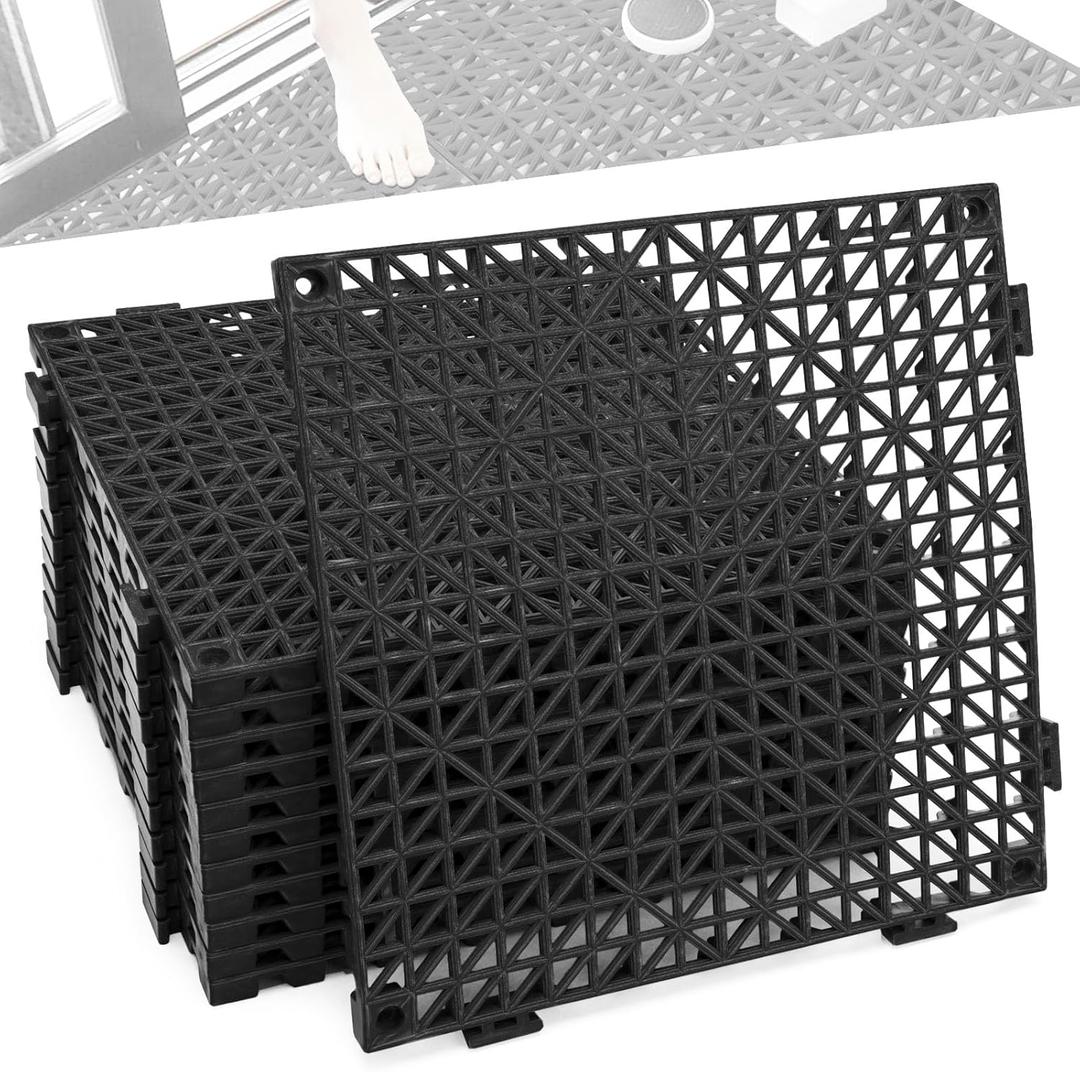 12 Pcs Drainage Mat Modular Interlocking Cushion 11.8" x 11.8" Garage Floor Tiles Non-Slip Splicing Rubber Floor Tiles for Drain, Deck, Pool, Outdoor/Indoor (Black)