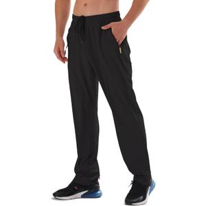Men's Elastic Waist Hiking Pants Water Resistant Quick-Dry Lightweight Outdoor Sweatpants with Zipper Pockets (Black, M)