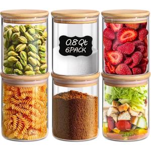 ComSaf 0.8 Qt Glass Food Storage Jars Set of 6, Clear Glass Storage Containers with Lids, Pantry Organization Jar, Spice Jar, Blooming Tea, Coffee and Sugar Container, Small Canister Set for Kitchen