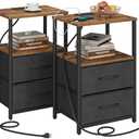 TUTOTAK End Table with Charging Station, Side Table with 2 USB Ports and Outlets, Nightstand with Cloth Drawer, Set of 2, Couch Table, Brown and Black TB01BB052K