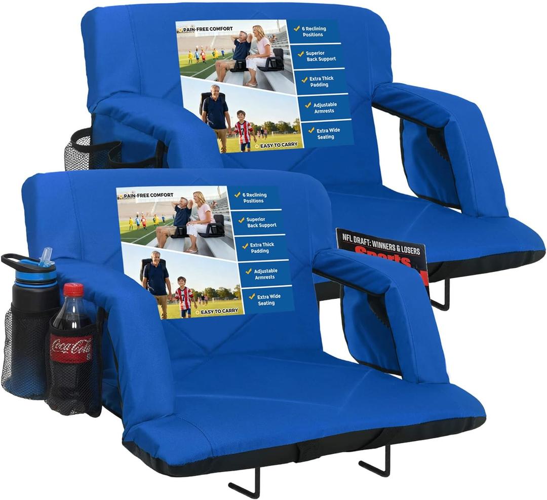 Sheenive Stadium Seats with Back Support (380 lbs) - 2.8'' Thick Comfy Cushion, 6 Adjustable Angles Bleacher Seat with Armrests - Includes Backpack Strap, Carry Handle, 2 Cup Holders & 2 Large Pockets (24.5" Wide)