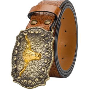 Western Cowboy-Belts for Women Big-Buckle Longhorn-Bull PU-Leather Rodeo Cowgirl-Belt Engraved Floral - Waist 25-38" (Brown(carved-bull))