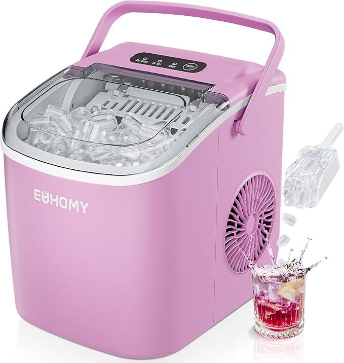 EUHOMY Countertop Ice Maker Machine with Handle, 26lbs in 24Hrs, 9 Ice Cubes Ready in 6 Mins, Auto-Cleaning Portable Ice Maker with Basket and Scoop, for Home/Kitchen/Camping/RV. (Black) (11.57"D x 11.42"W x 8.74"H)