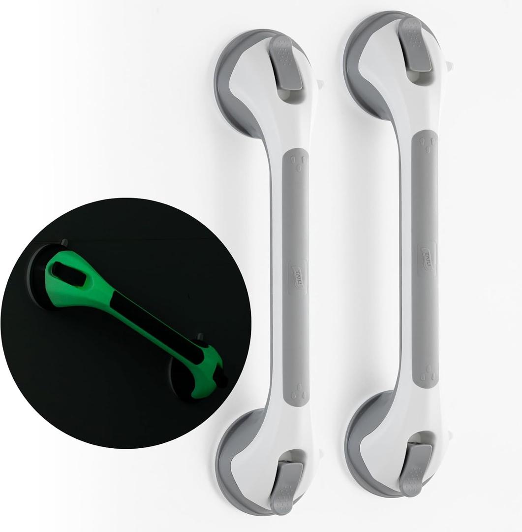 TAILI Shower Grab Bar Glow in The Dark, 2 Pack 16.8 in Grab Bars for Bathtubs and Showers,Shower Handles Shower Rails for Seniors and Elderly,Bathroom Safety Grip Removable No Drilling Waterproof Grey