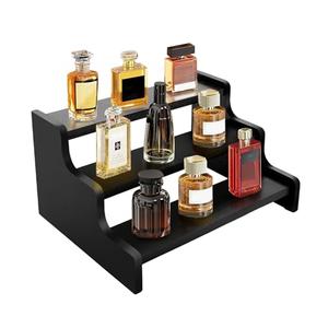 KISENG Wooden Cologne Organizer for Men, Cologne Stand with Anti-Slip Washers, Wooden Display Risers Stand for Figures, Fragrances, Dessert, Cupcake, Makeup (Black, 3-tier-9.4in)