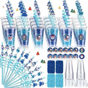 Vesici 124 Pcs Christmas Plastic Cups Bulk with Lids Straws Stickers Raffia Snowman Santa Claus Plastic Cups Xmas Disposable Clear Mugs Party Favor Holiday Birthday Wedding Party Supplies,24 Sets,Blue