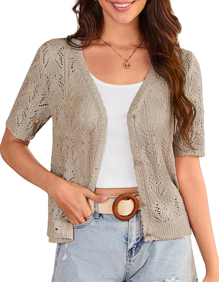 GRACE KARIN 2025 Women's Short Sleeve V Neck Cardigans Sweaters Open Front Knit Crochet Button Bolero Shrugs Tops (X-Large, Khaki)
