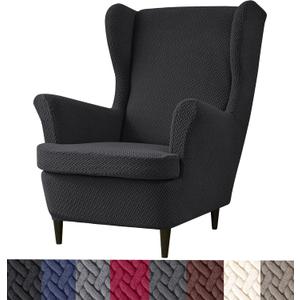 HFCNMY Wingback Chair Slipcover, 2 Piece Stretch Jacquard Wingback Chair Covers Thick Wing Back Chair Covers with Arms Wing Chair Slipcover Wing Back Chair Cover with Elastic Bottom Black
