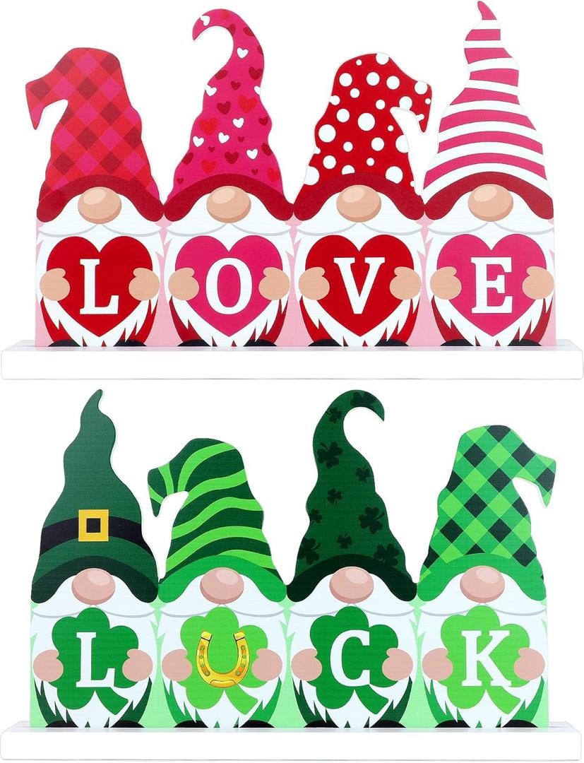 Reversible Valentines Day Decoration/St Patricks Day Decorations Wooden Sign, Double-sided Festive Gnomes LOVE LUCK Wooden Sign Valentines Day Table Centerpiece for Home Mantle Shelf Office Decor