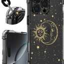 Toycamp for iPhone 16 Pro Max Case with Strap for Women - Cute Funny Girls Girly Fashion Sun Moon Design Case with Wrist Lanyards Four Corners Flexible Hang Style