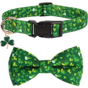 PTDECOR St.Patrick Dog Collar with BowtieMulti Size Adjustable Green Shamrock Pet Collars for Medium Dogs (Medium) (MNeck 14"-19",Wideth 0.8"))