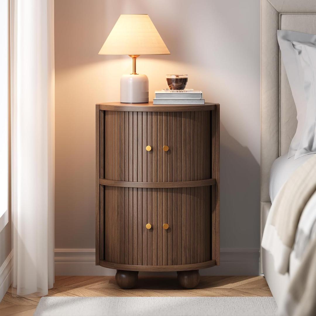 17.76''W Fluted Nightstand with 2 Sliding Doors, 2-Tier Storage, Walnut, 1 Pack