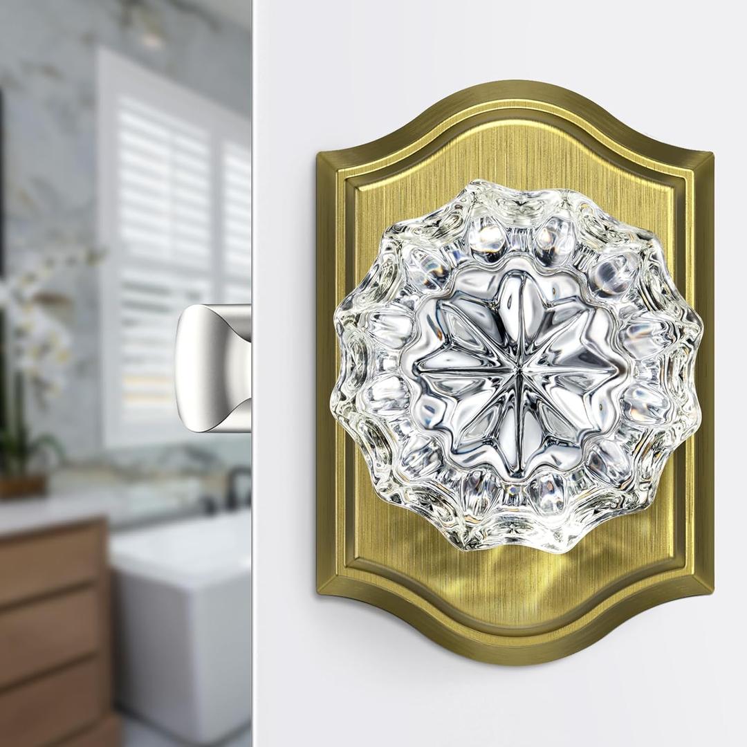 Calzibeno Glass Crystal Door Knobs Interior, Antique Brass Crystal Door Knobs with Lock for Privacy Use, Vintage Crystal Glass Doorknob for Interior Bedroom Bathroom Doors (1 Pack)