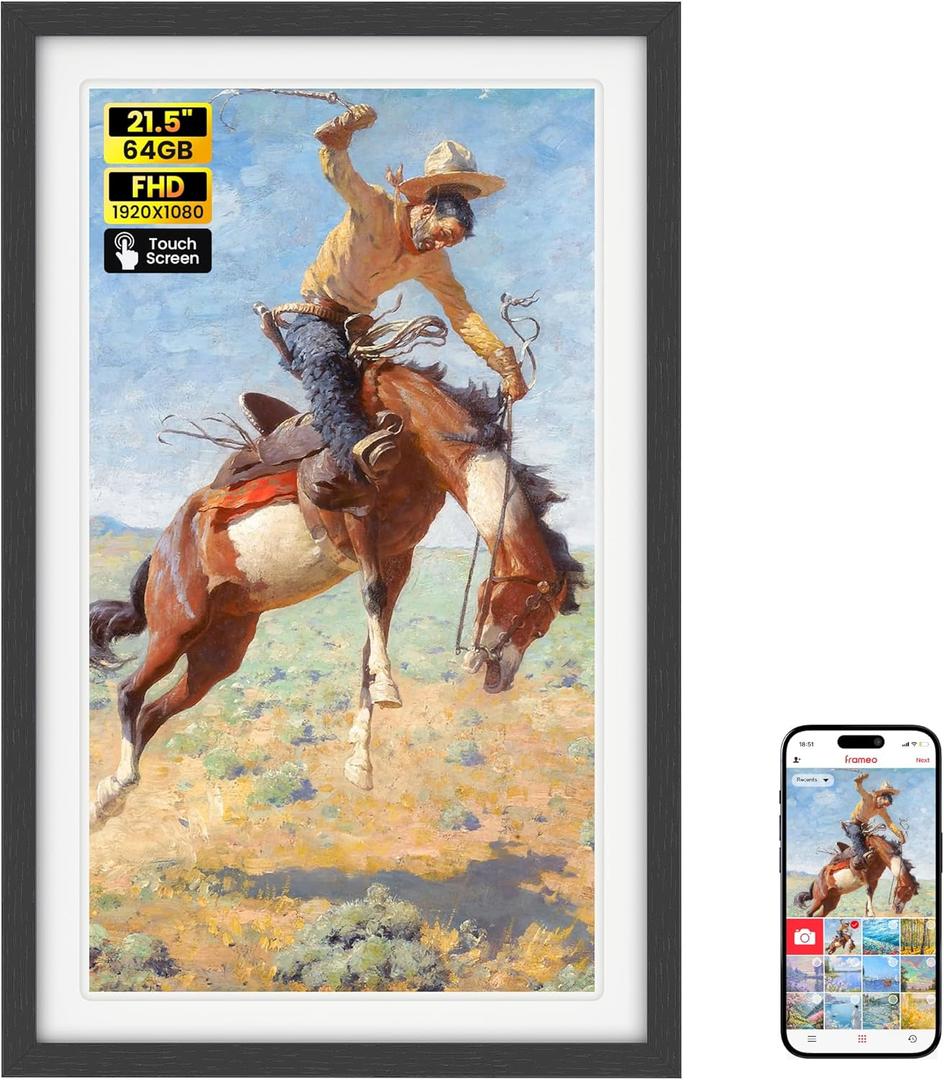 64GB Frameo 21.5" Digital Picture Frame Large 1920 x 1080 IPS FHD Touch Screen WiFi Electronic Photo Frames Share Moments from Phone Instantly Best Gifts for Parents and Grandparents Black Wood White